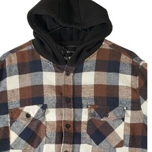 REVESS Mens XL Plaid Flannel Shirt Hooded Button Down Brown Navy Blue Buffalo